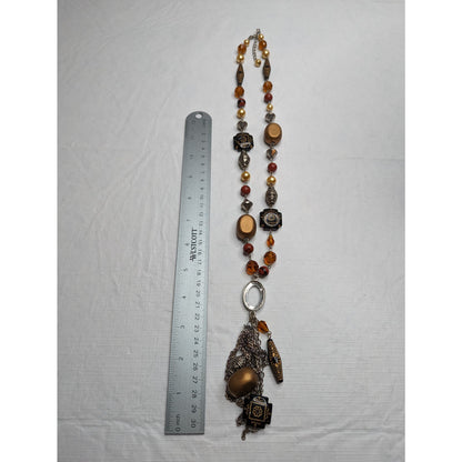 Vintage Mid Century Single Strand Pendant Beaded Necklace Aztec Stones