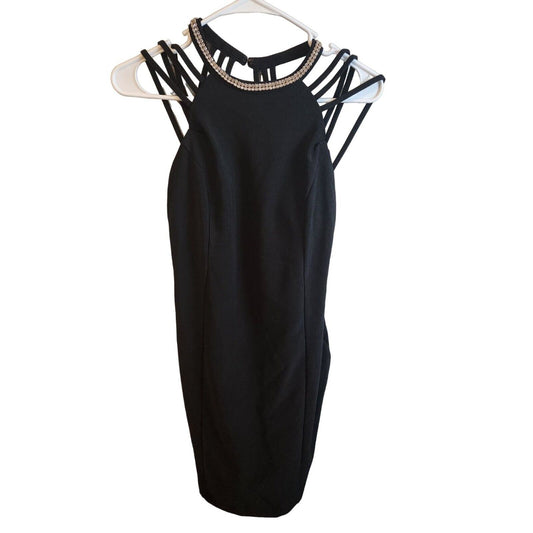 Vintage Emerald Sundae Womens Sz S Mini Dress Black Strappy Rhinestones