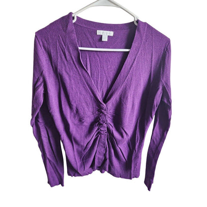 New York & Company Womens Sz M Knit Long Sleeve Shirt Purple V Neck