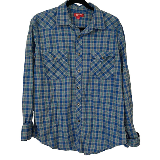 Arizona Jeans Mens Sz L Long Sleeve Button Down Plaid Shirt Blue