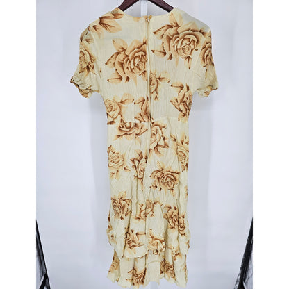 Vintage 1990s Trendy Looks Womens L Short Sleeve Midi Dress Yellow Rose Floral