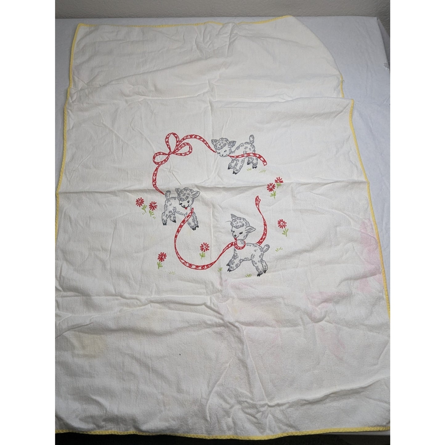 Vintage 1950s Baby Crib Blanket Cotton Embroidered Doe Deer Flowers Ribbon