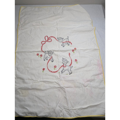 Vintage 1950s Baby Crib Blanket Cotton Embroidered Doe Deer Flowers Ribbon