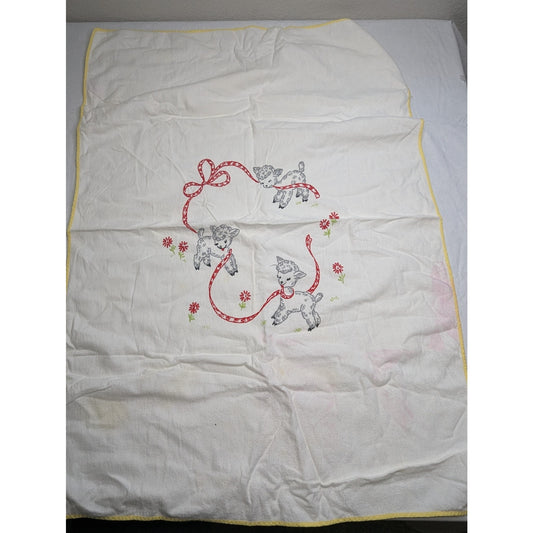 Vintage 1950s Baby Crib Blanket Cotton Embroidered Doe Deer Flowers Ribbon