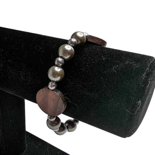 Vintage 1990s Single Strand Beaded Bracelet Silver Metal and Brown Wood Beads