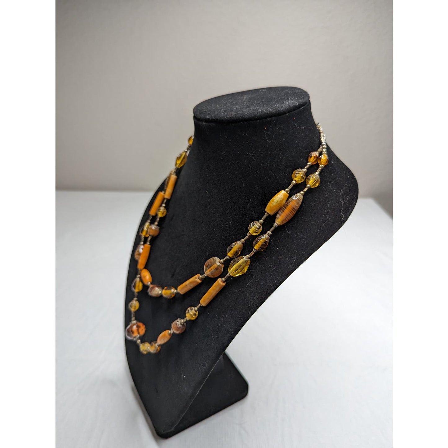 Vintage Mid Century 2 Strand Glass Beaded Necklace Yellow Orange Gold