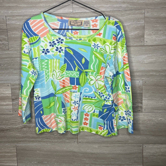 Life Style Petites Womens Sz PM Long Sleeve Cotton Blouse Bright Tropical Colors