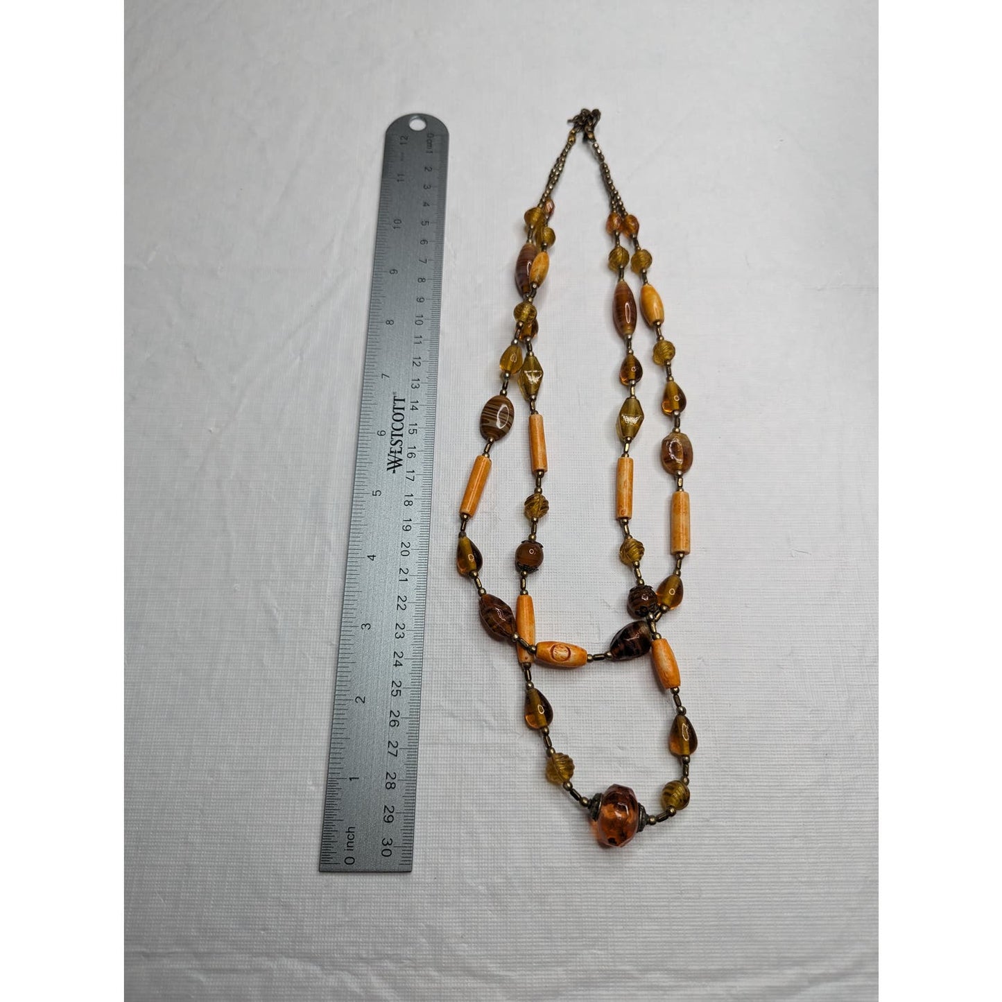 Vintage Mid Century 2 Strand Glass Beaded Necklace Yellow Orange Gold