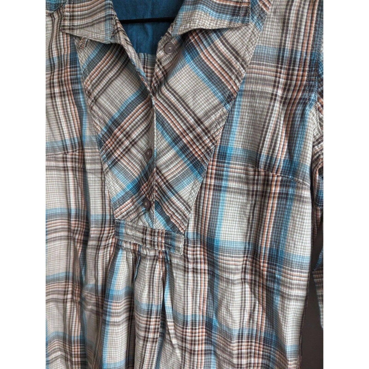 Royal Robbins Womens Sz XS Cotton Plaid Shirt Beige Brown Blue Tab Sleeve