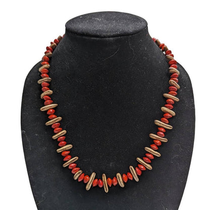 Vintage Mid Century Red and Brown Single Strand Beaded Necklace