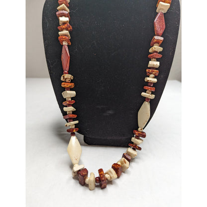 Vintage Mid Century Single Strand Chunky Stone Necklace Red and Cream