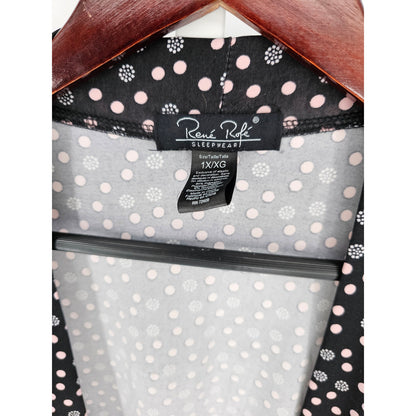 rene Rofe Womens Sz 1X Tie Waist Long Sleeve Robe Black Pink Polka Dot