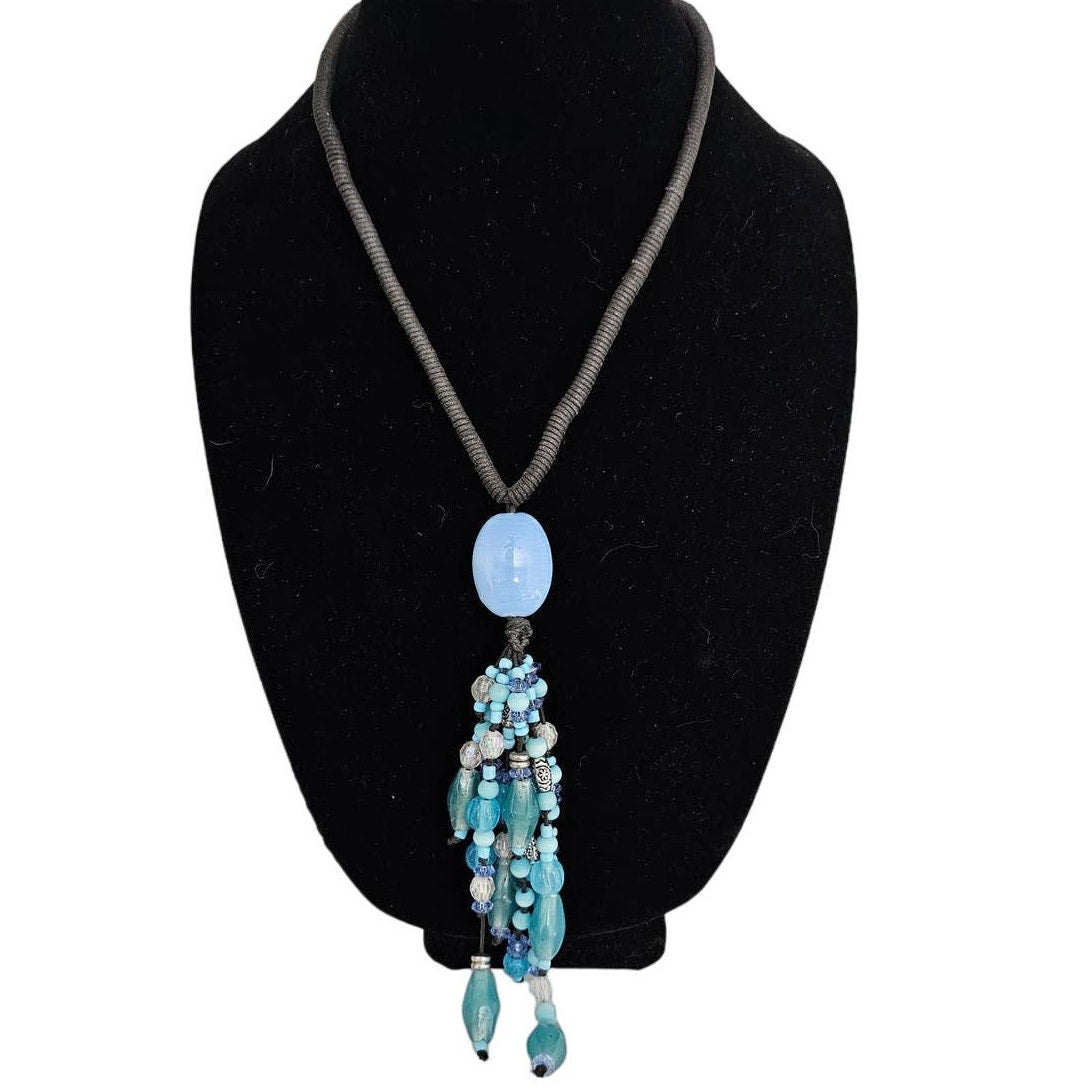 Vintage Mid Century Glass Beaded Fringe Necklace Light Blue Brown Boho