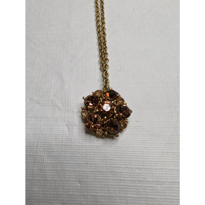 Vintage 1990s Pendant Style Gold Tone Necklace w/ Amber Rhinestones