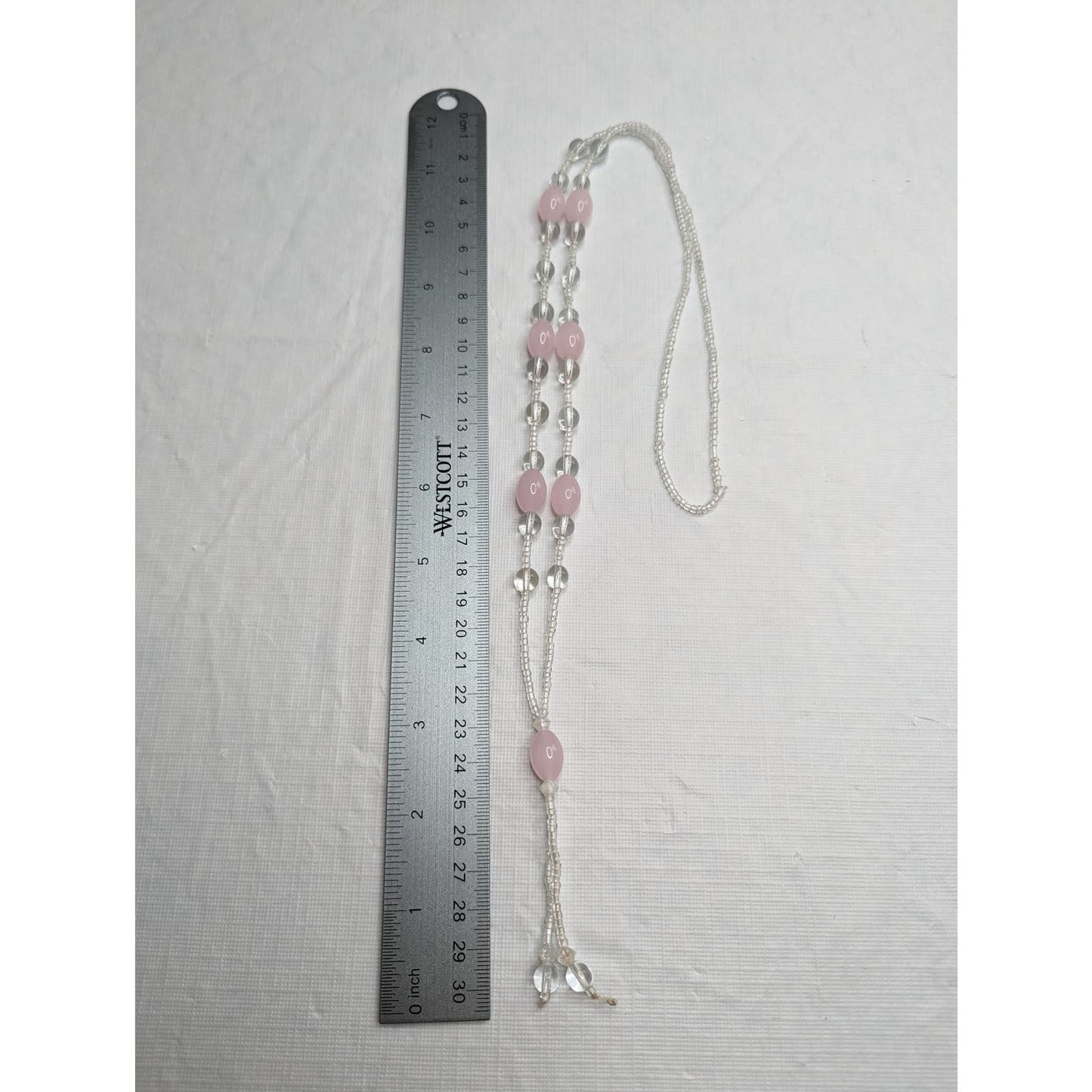 Vintage Single Strand Glass Seed Bead Necklace Light Pink and Crystal