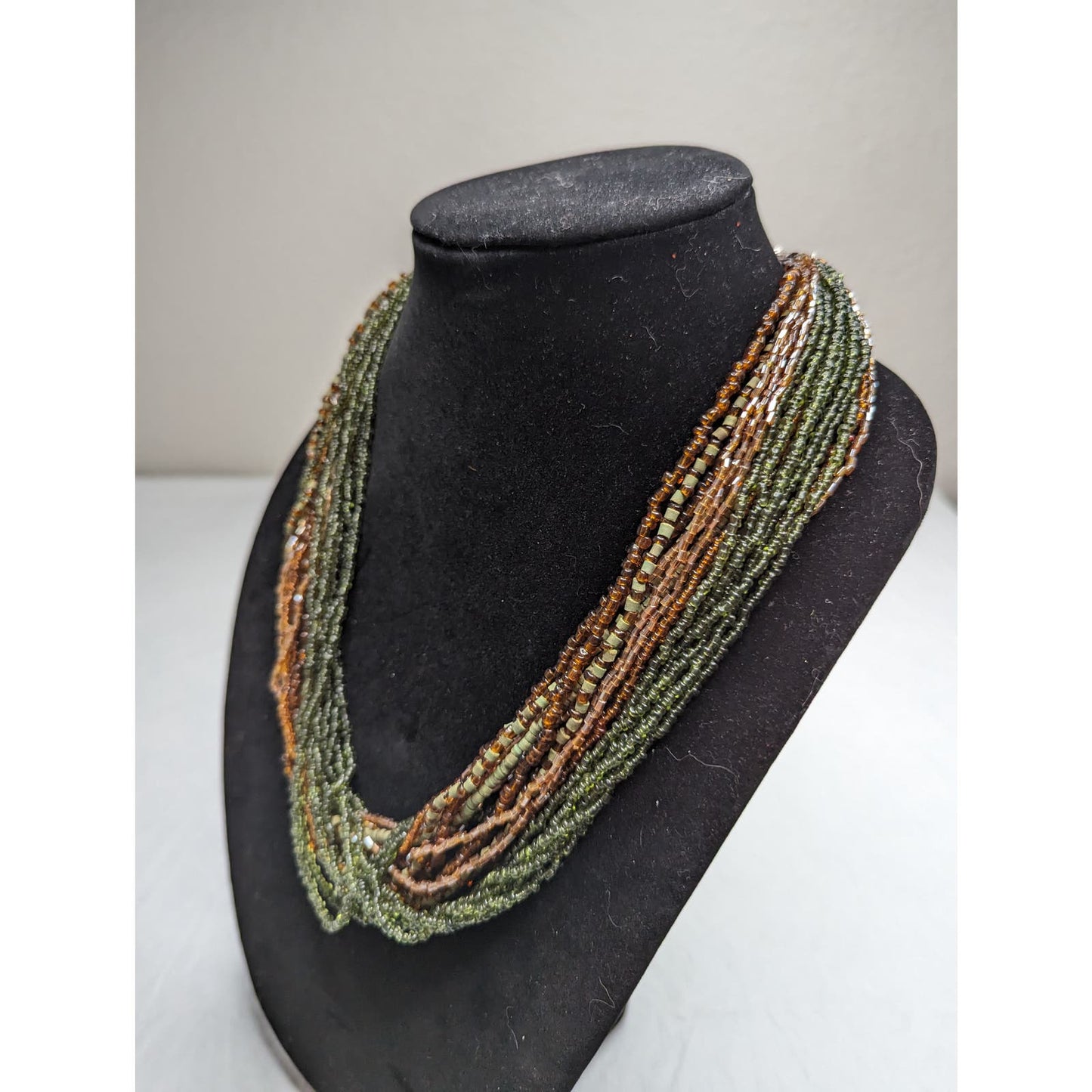 Vintage 1970s Multi Strand Seed Bead Necklace Green and Amber Glass Beads