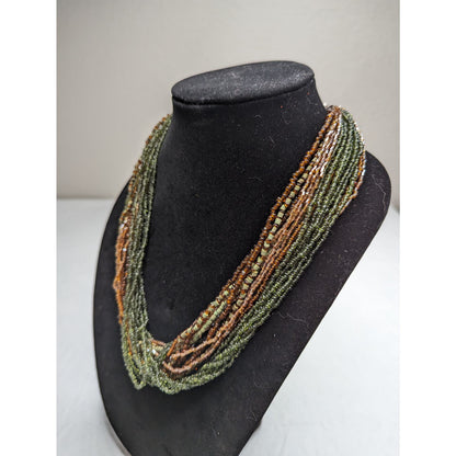 Vintage 1970s Multi Strand Seed Bead Necklace Green and Amber Glass Beads