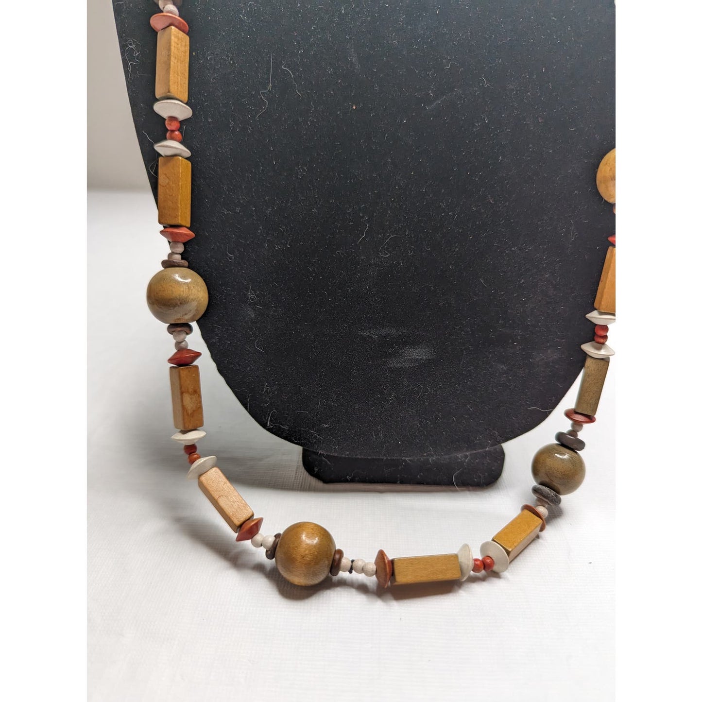 Vintage 1960s Wooden Bead Single Strand Geometric Necklace Brown