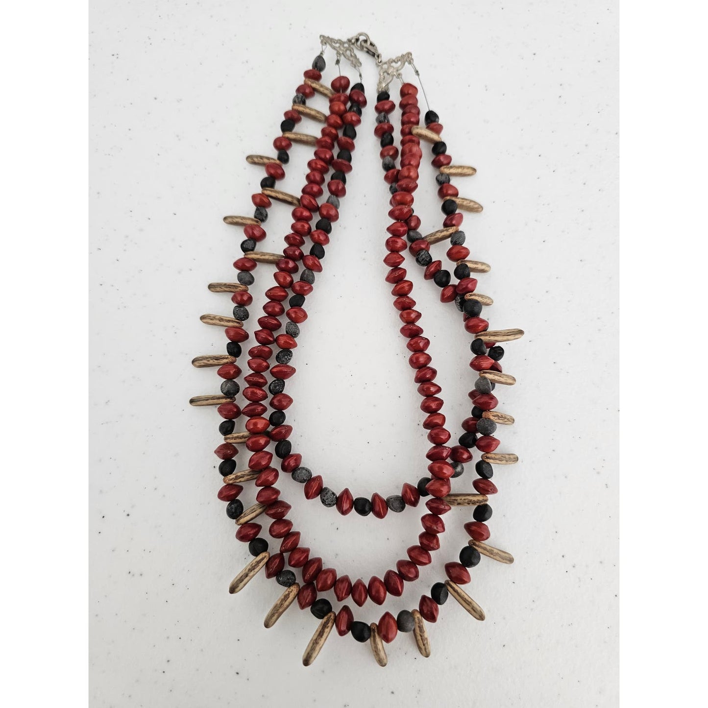 Vintage 1970s 3 Strand Beaded Necklace Red Wooden Beads