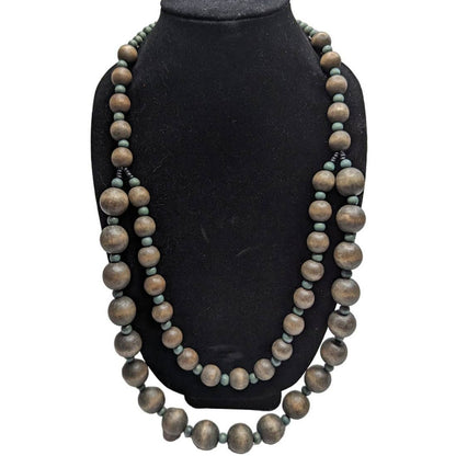 Vintage Mid Century 2 Strand Wooden Round Bead Necklace Muted Blue Gray