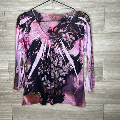 Vintage Suzie Womens Sz M Round Neck Casual Blouse Purple Black