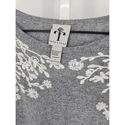 Rain + Rose Womens Sz L Lightweight Crewneck Sweater Gray White Embroidered