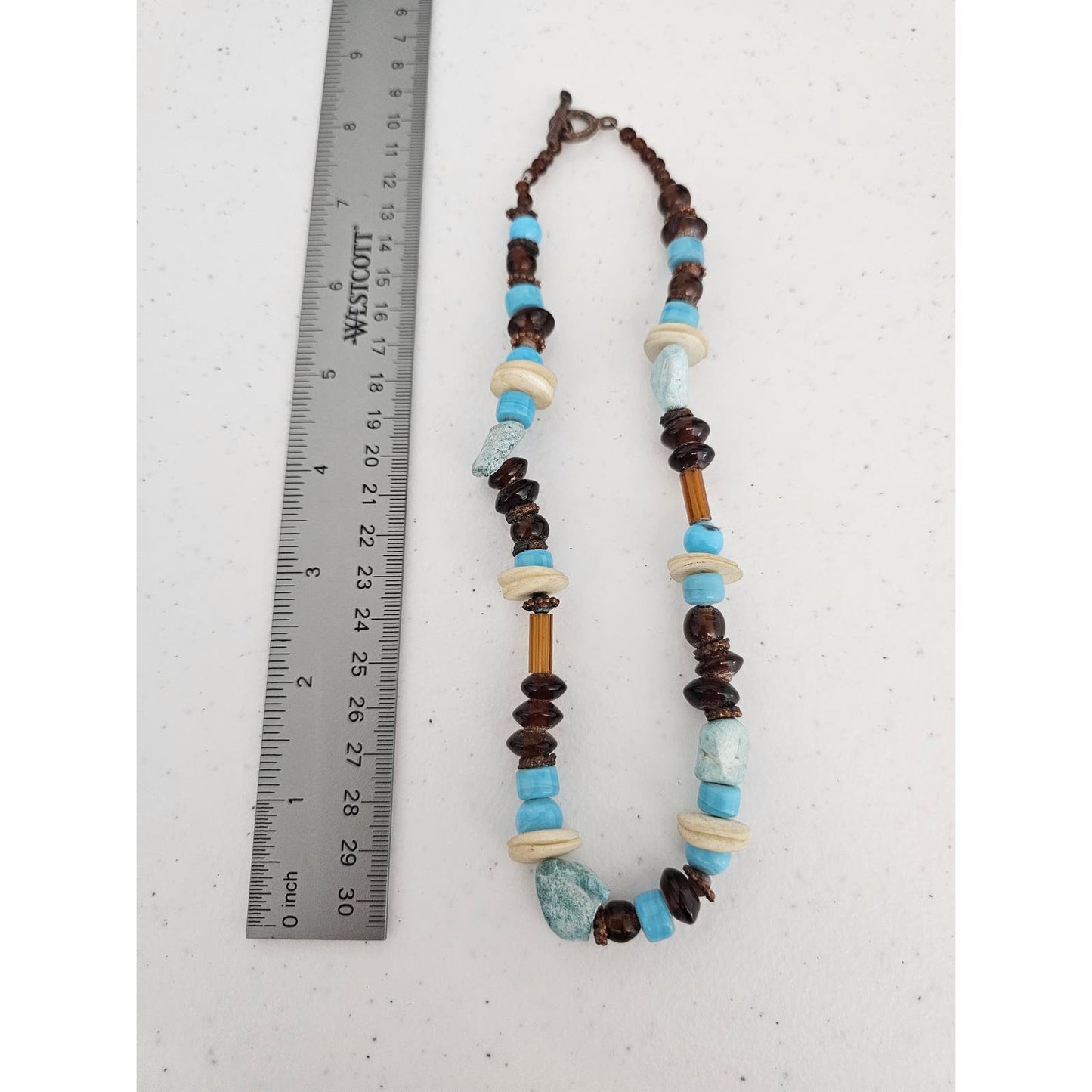 Vintage Mixed Media Single Strand Necklace Glass and Stone Brown Blue