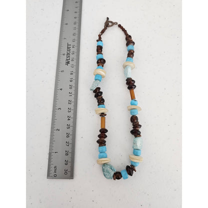 Vintage Mixed Media Single Strand Necklace Glass and Stone Brown Blue