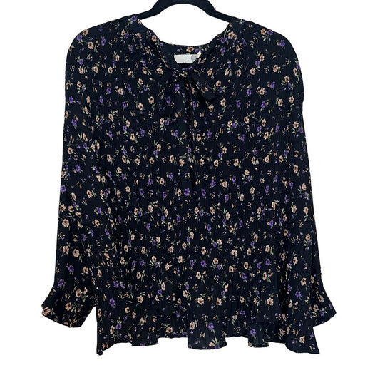 Everleigh Womens Sz S Pleated Black and Purple Long Sleeve Blouse