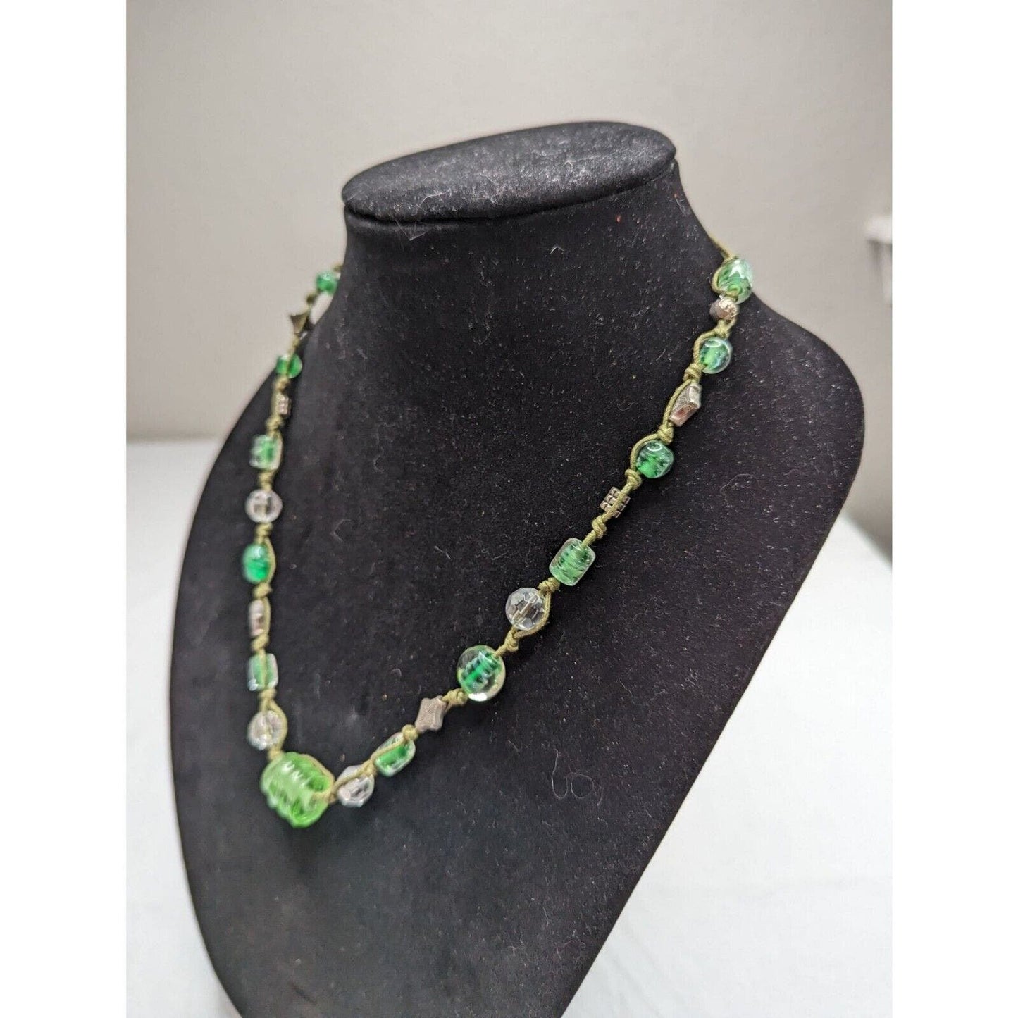 Vintage Green Glass Beaded Leather Rope Style Necklace Silvertone Accents