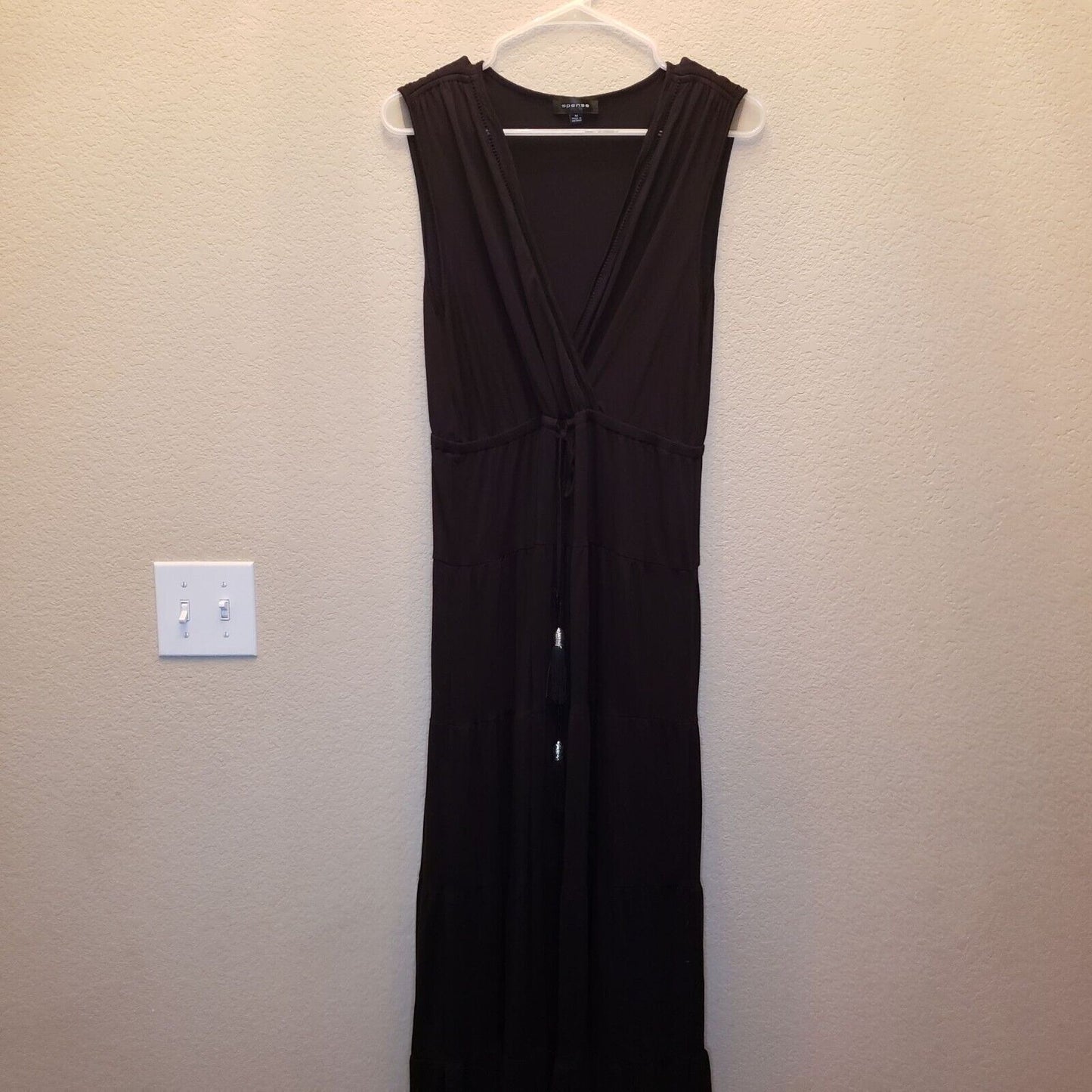 Spense Womens Sz M Maxi Dress Black belted Sleeveless Slinky Jersey