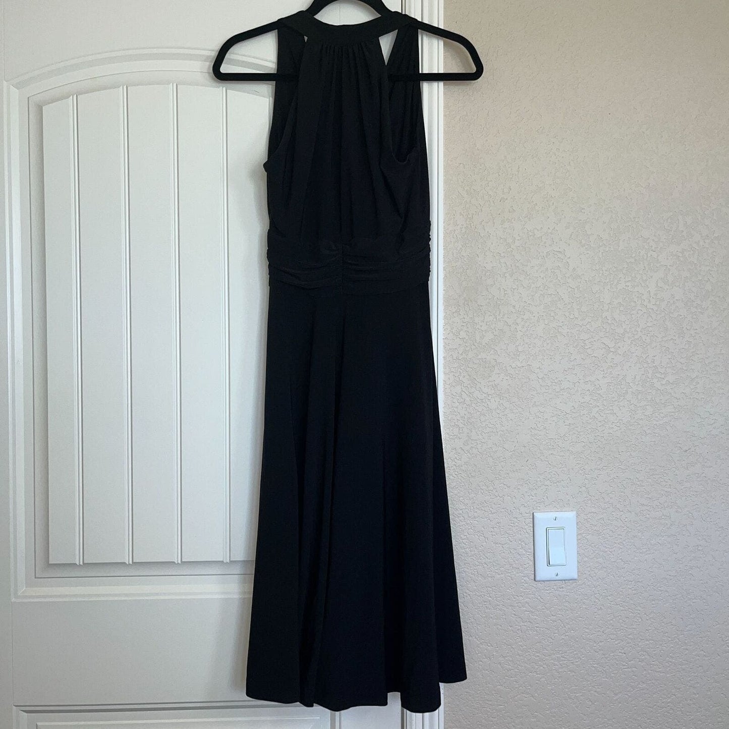 Chaps Womens Sz M Solid Black Midi Dress Sleeveless V Neck Knotted Front