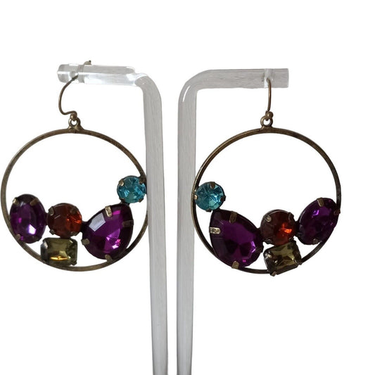 Vintage Colorful Rhinestone Cluster Dangle Hoop Earrings French Hook