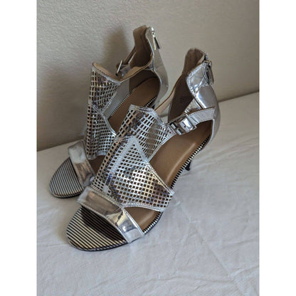 Ashley Stewart Womens Sz 11 Faux Leather Caged High Heels Silver Y2K