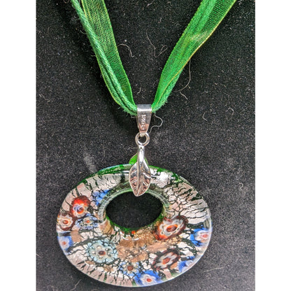 Vintage 1990s Art to Wear Glass Pendant Necklace w/ Green Ribbon