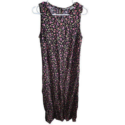 Vintage 1990s Studio Ease Womens Sz 12 Maxi Dress Black Pink Floral Sleeveless