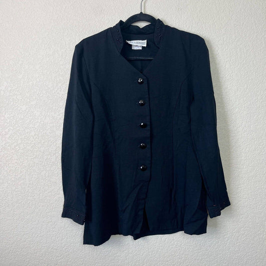 Vintage 1980 Jessica Howard mujeres Sz 12 negro botón abajo camisa de vestir