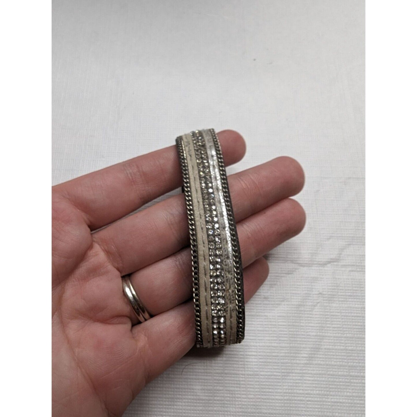 Vintage Leather and Rhinestone Bangle Cuff Bracelet Magnetic Closure Boho