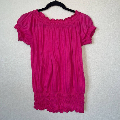 Bobbie Brooks Womens Sz M Short Sleeve Bright Pink Peasant Style Blouse