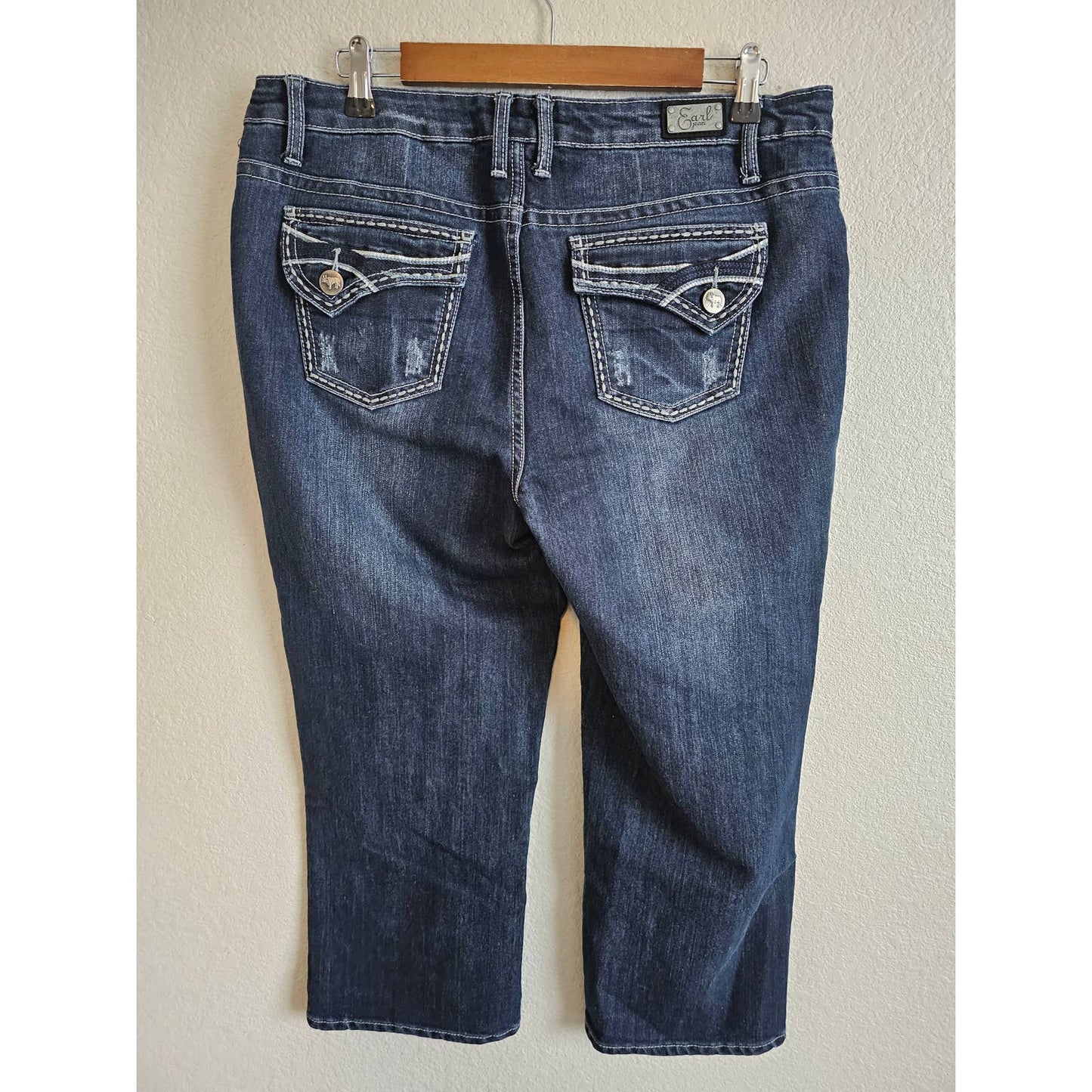 Earl Jeans Mujer Sz 12 Lavado Oscuro Longitud Capri Jeans Azul Puntada Gruesa