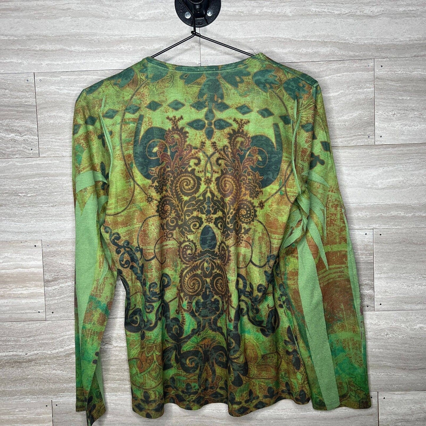 Susan Lawrence Petites Womens Sz PL Square Neck Long Sleeve Blouse Green Bling