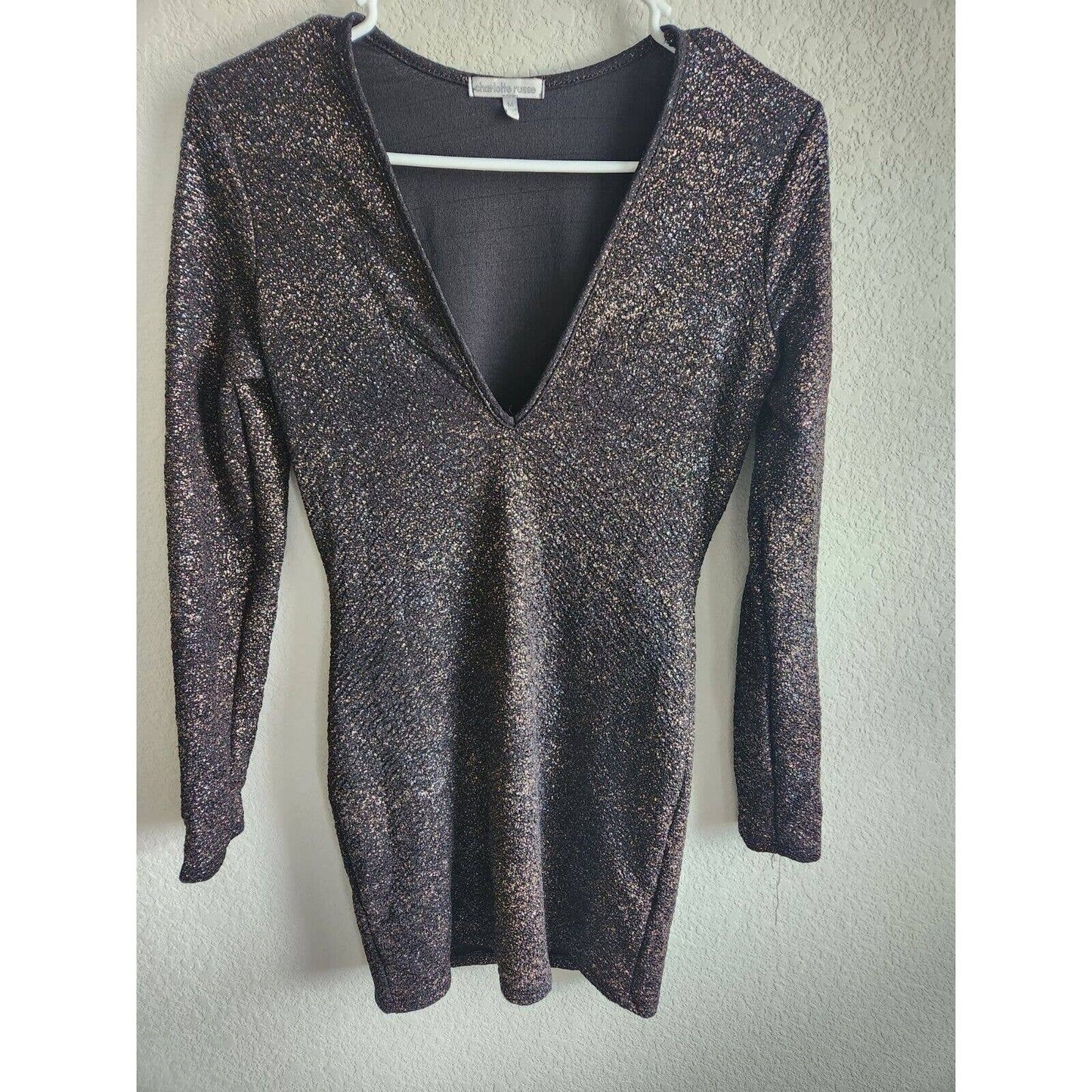 Charlotte Russe Sz M Mini Dress Long Sleeve Glitter Sparkly V Neck