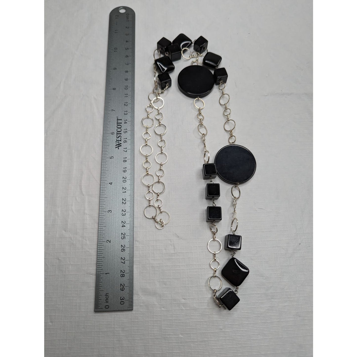 Vintage 1990s Geometric Single Strand Long Necklace Black and Silver