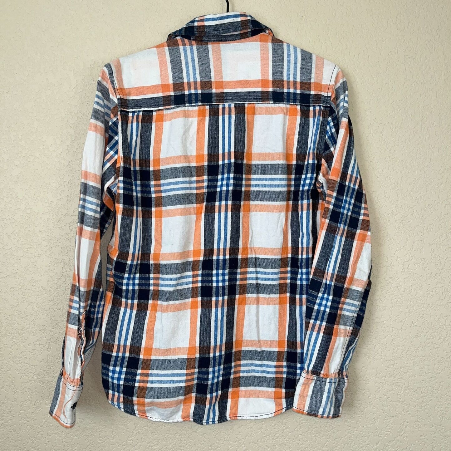 Arizona Jeans Mens Sz S Long Sleeve Button Down Plaid Shirt Cotton Orange Blue