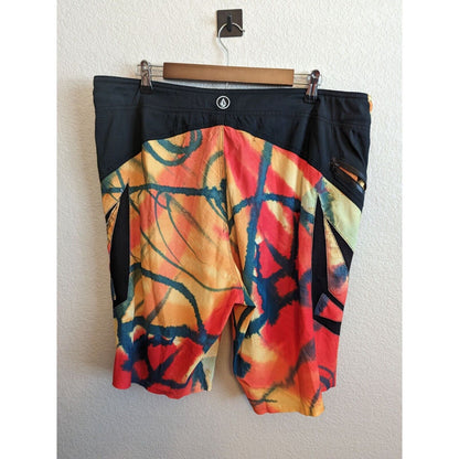 Volcom Cinch Fly 6 way Size 38 Black Blue Orange Stretch Board Shorts