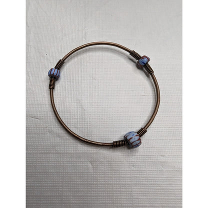 Vintage 1960s Brass Bangle Bracelet W Blue Beads Dainty Small