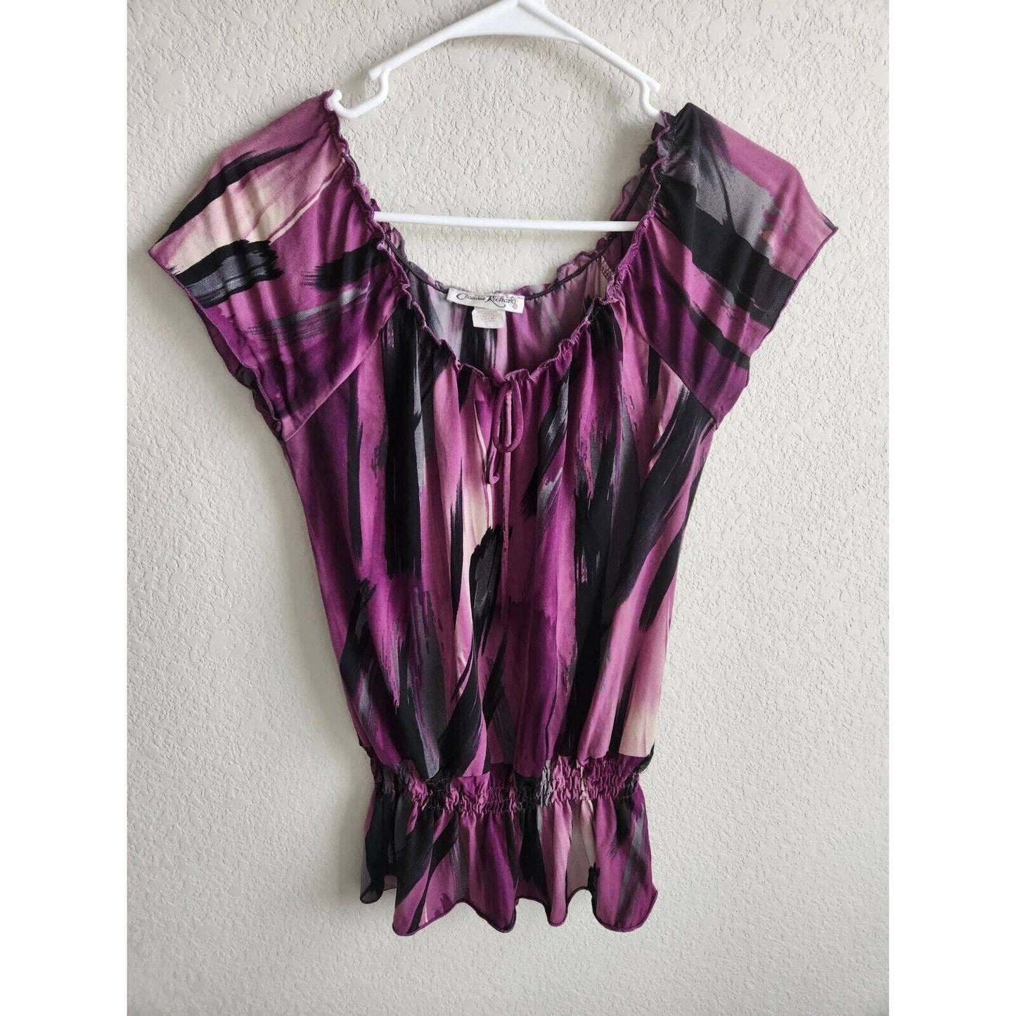 Vintage Claudia Richard Womens Sz M Short Sleeve Wide Neck Blouse Purple