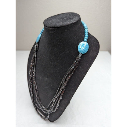 Vintage Turquoise and Black Beaded Stone Long Layered Necklace Southwestern