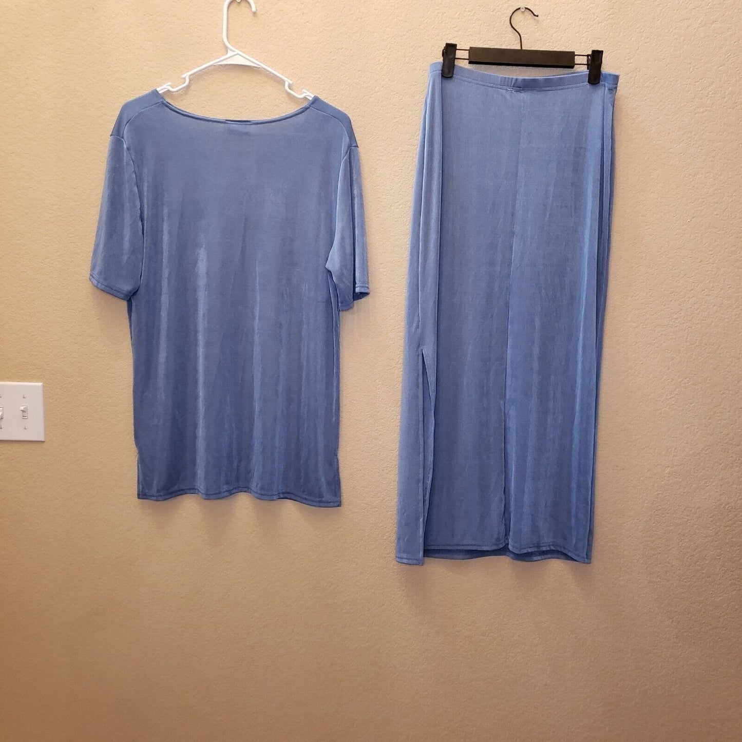 Vintage 1990s Jananas Womens Sz M Matching Blouse Skirt Set Blue Slinky