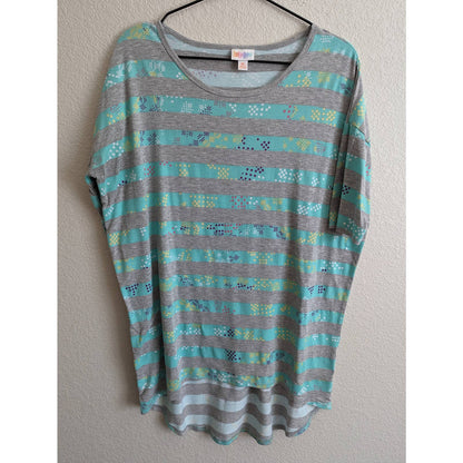 Lularoe Irma Womens Sz XS Short Sleeve Tunic Top Gray Teal Striped